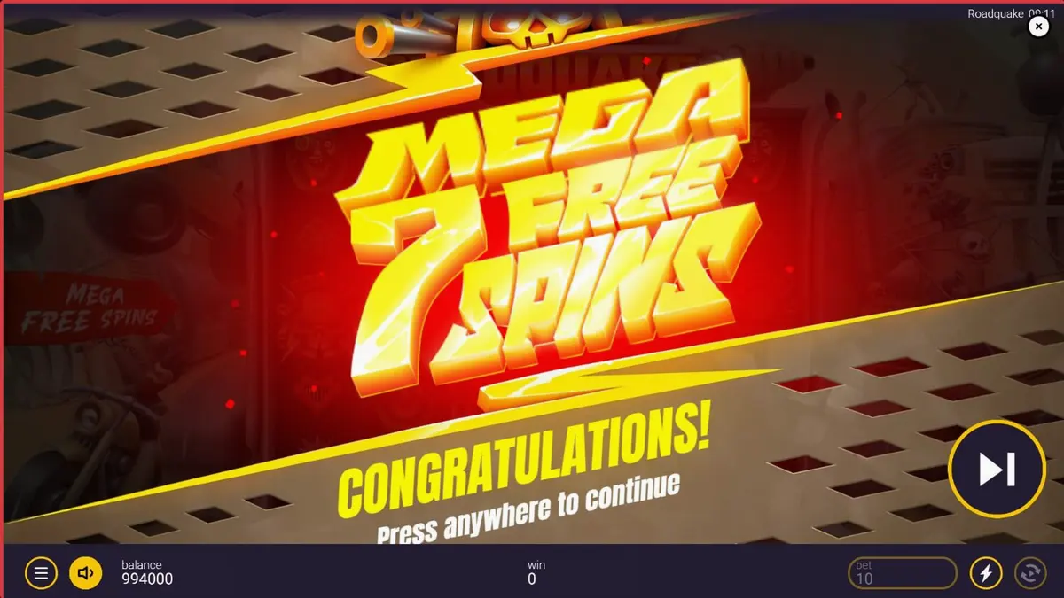 Tampilan layar permainan slot Roadquake di perangkat seluler