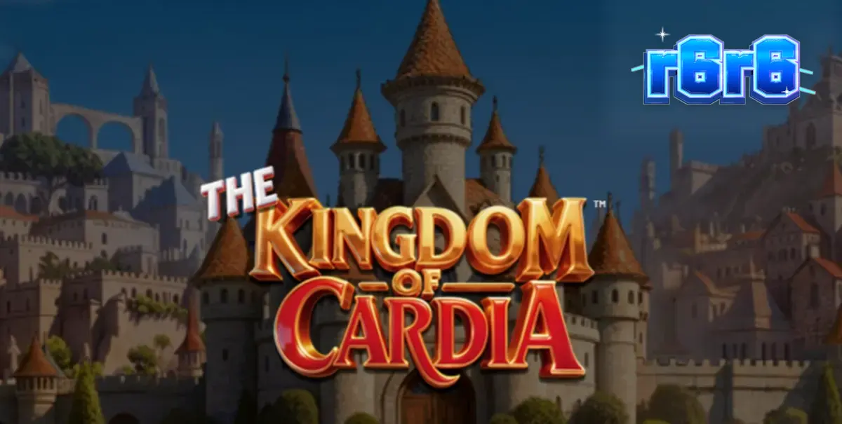 Tampilan visual slot The Kingdom of Cardia dengan latar belakang taman fantasi dan simbol kartu remi.